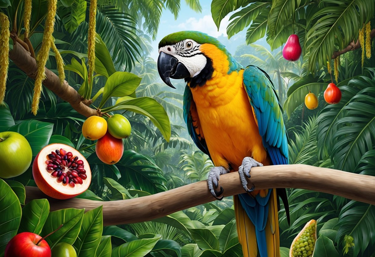 A parrot perches on a branch in a lush, tropical rainforest, surrounded by colorful fruits and seeds