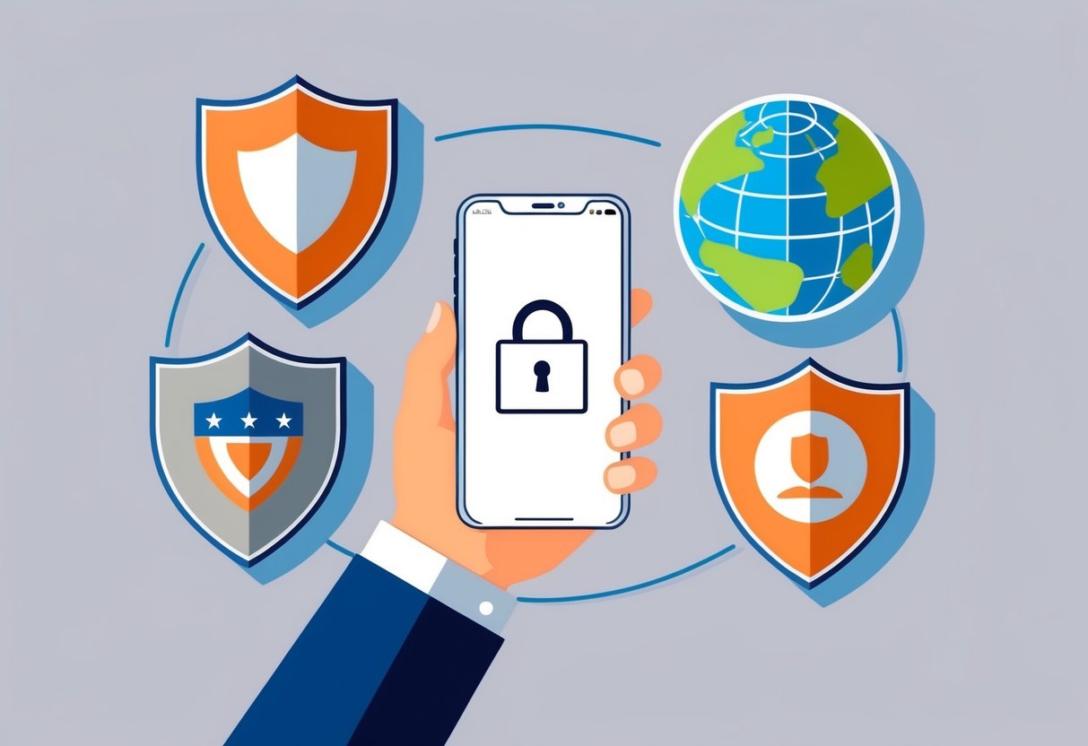 A person holding an iPhone with a lock icon, surrounded by shields and a globe, symbolizing privacy, security, and social responsibility