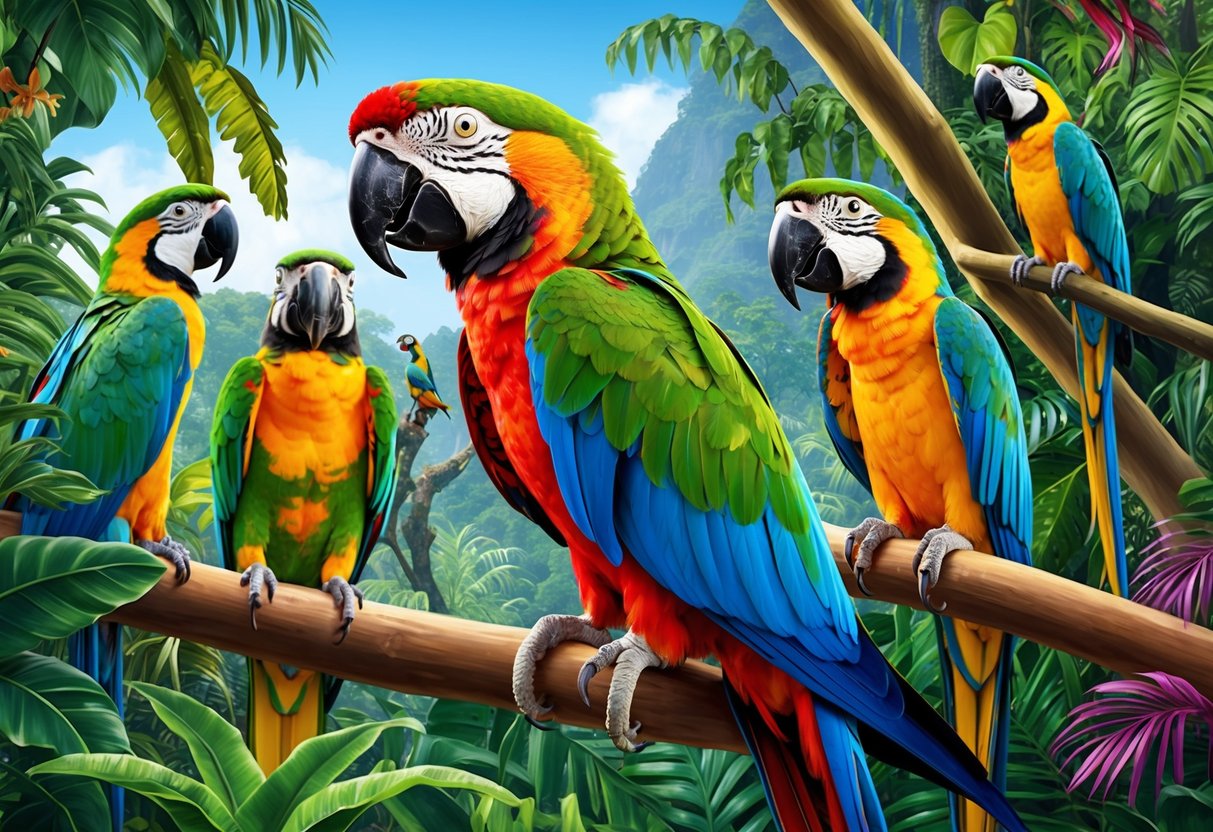 A vibrant parrot perched in a lush tropical rainforest, surrounded by colorful foliage and other exotic bird species