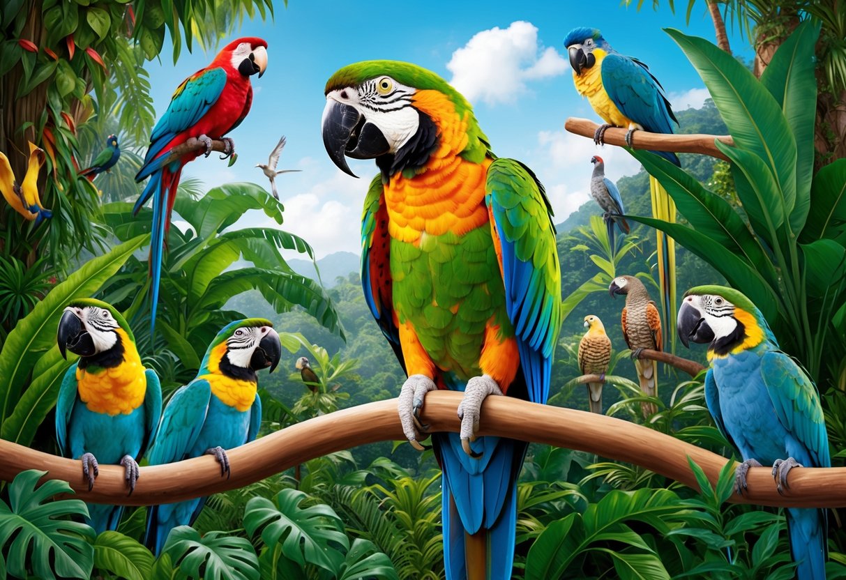 A colorful parrot perched in a lush tropical rainforest, surrounded by vibrant foliage and other exotic bird species