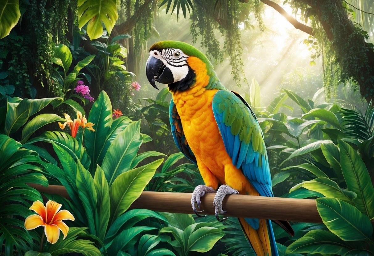 A parrot perches in a lush, tropical rainforest, surrounded by vibrant green foliage and colorful flowers.</p><p>The sun filters through the canopy, casting dappled light on the bird's iridescent feathers