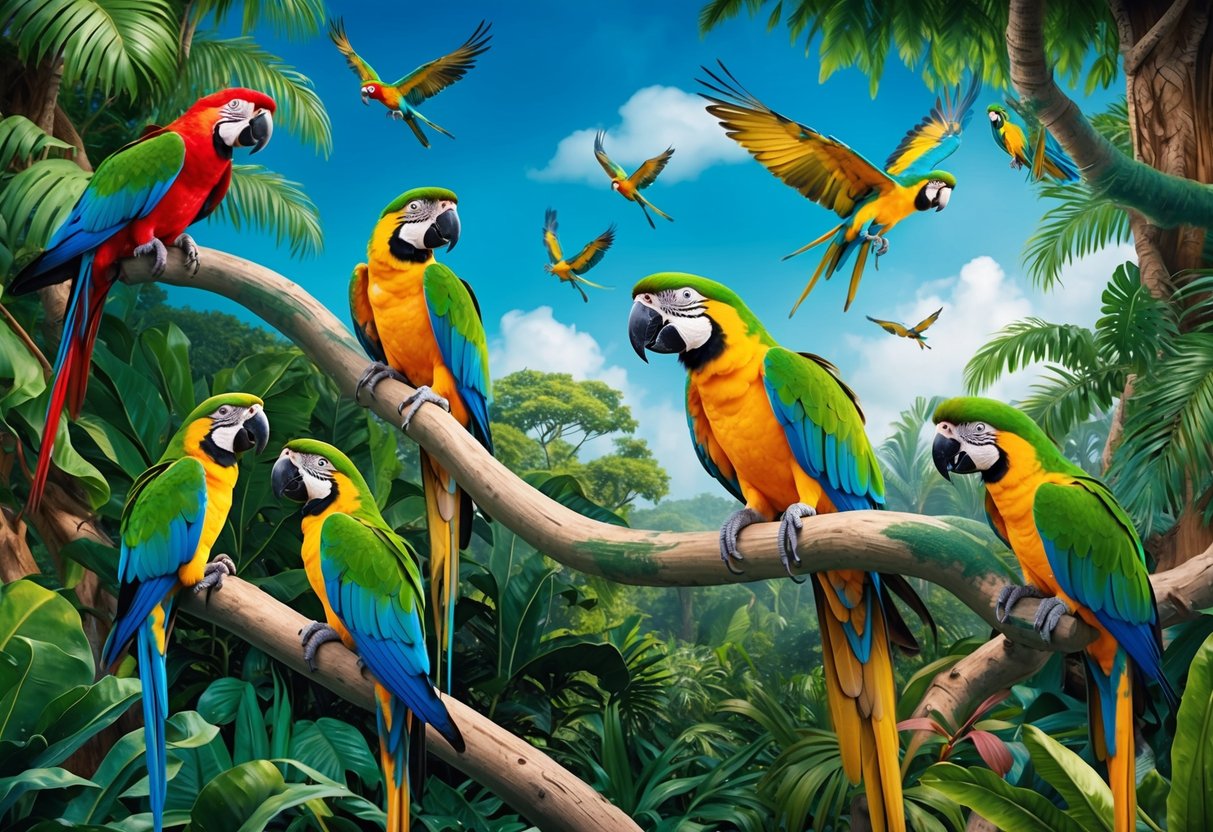 A vibrant jungle setting with colorful parrots perched in lush trees and flying overhead