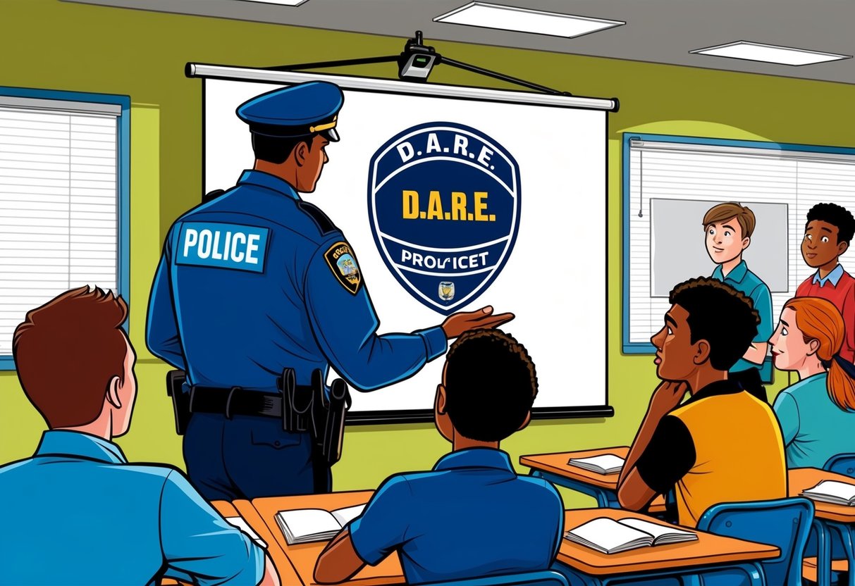 A police officer presents a D.A.R.E. logo on a projector as students listen attentively in a classroom setting