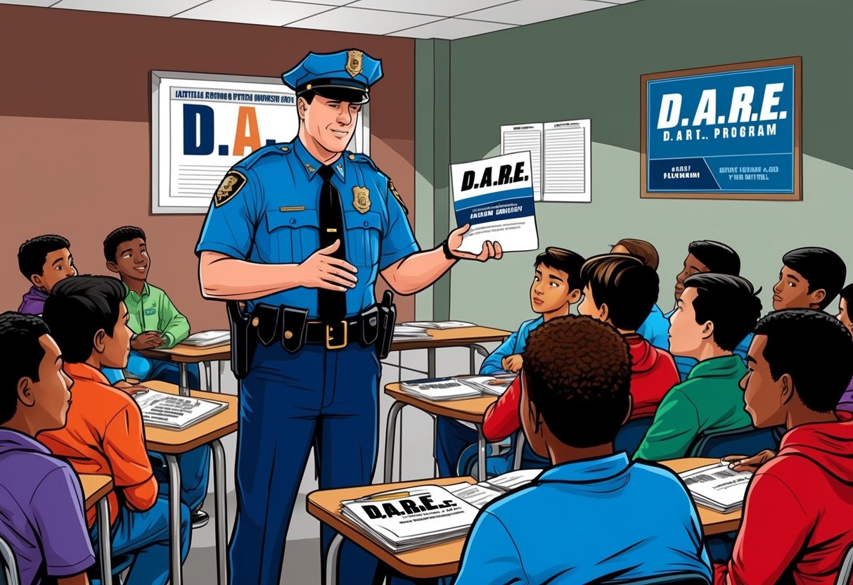 A police officer presenting D.A.R.E. program materials to a group of attentive students