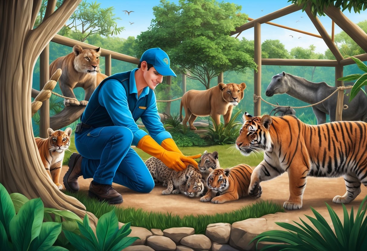 A zookeeper educates visitors on animal conservation while tending to rescued animals in a naturalistic habitat