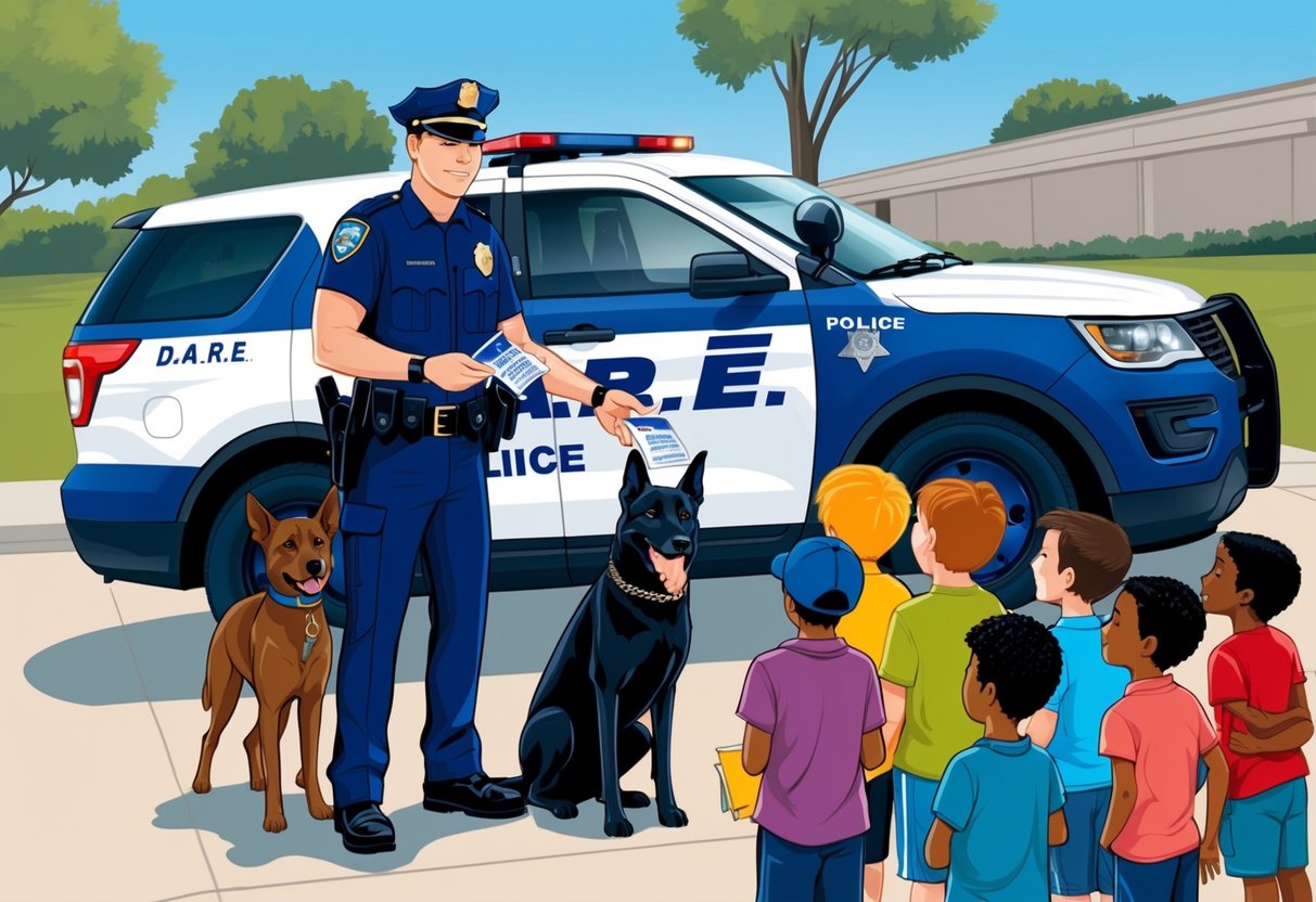 A police officer stands next to a D.A.R.E. police car, with a K-9 unit by their side.</p><p>The officer is handing out informational pamphlets to a group of children