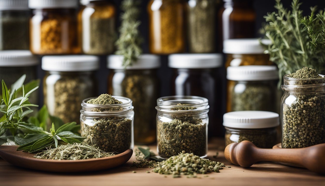 Jars of dried herbs, tinctures, and salves neatly arranged with a mortar and pestle in the background