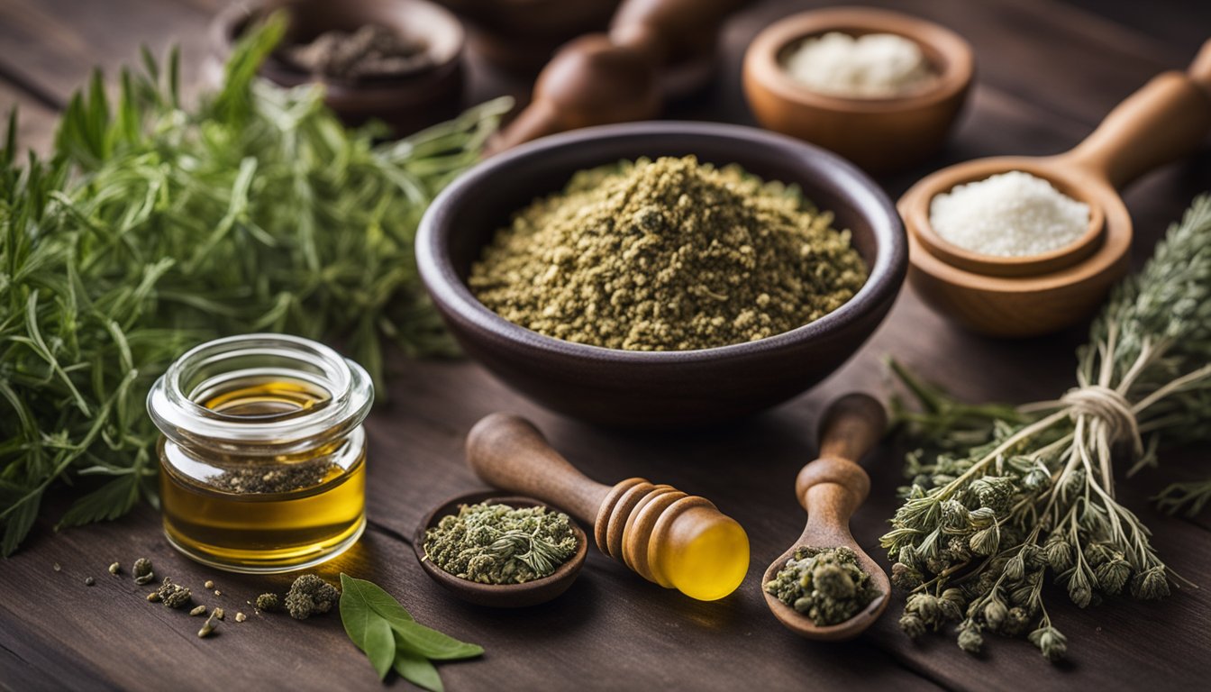 Dried herbs, tinctures, and salves neatly arranged with a mortar and pestle in the background