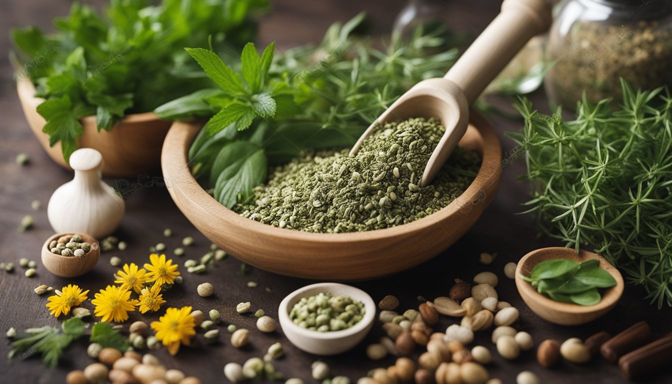 Neatly arranged herbal preparations with mortar and pestle