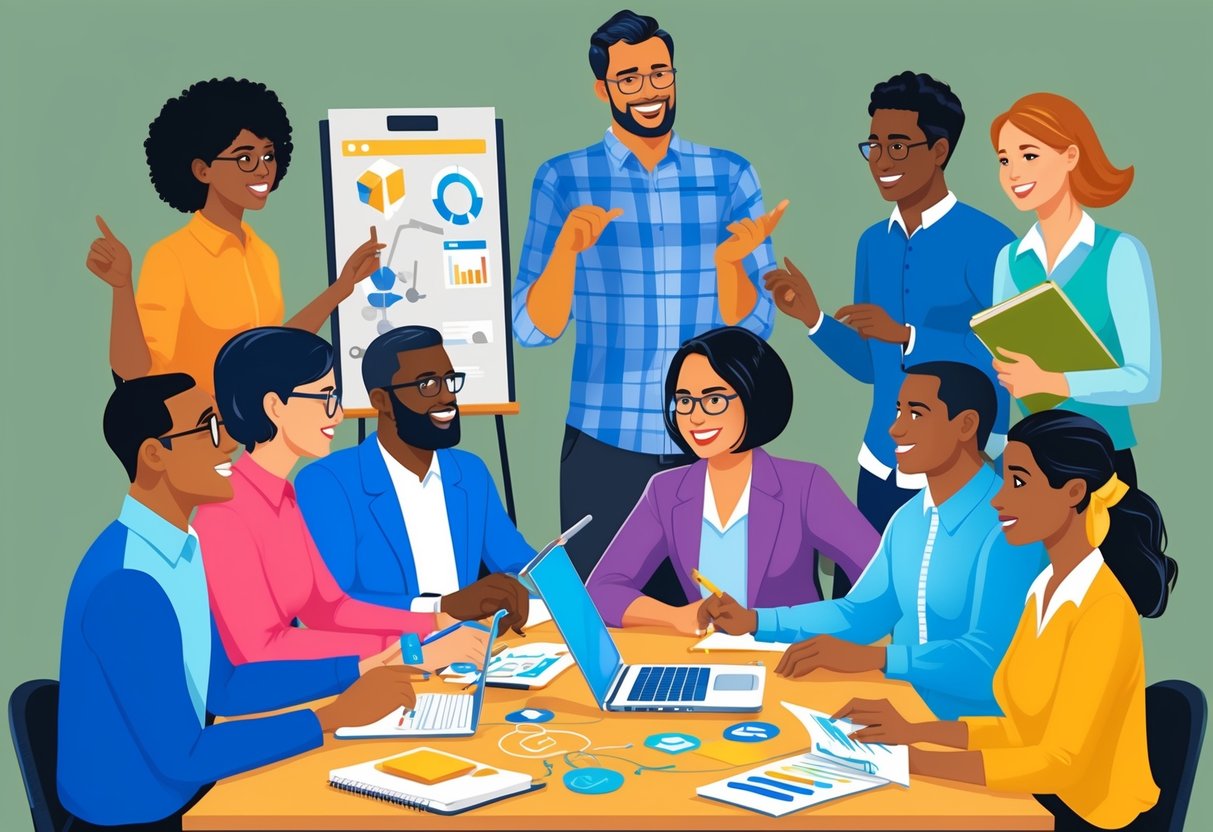 A group of diverse individuals engage in a lively discussion, brainstorming and problem-solving together.</p><p>They are seen using various tools and resources to make informed decisions