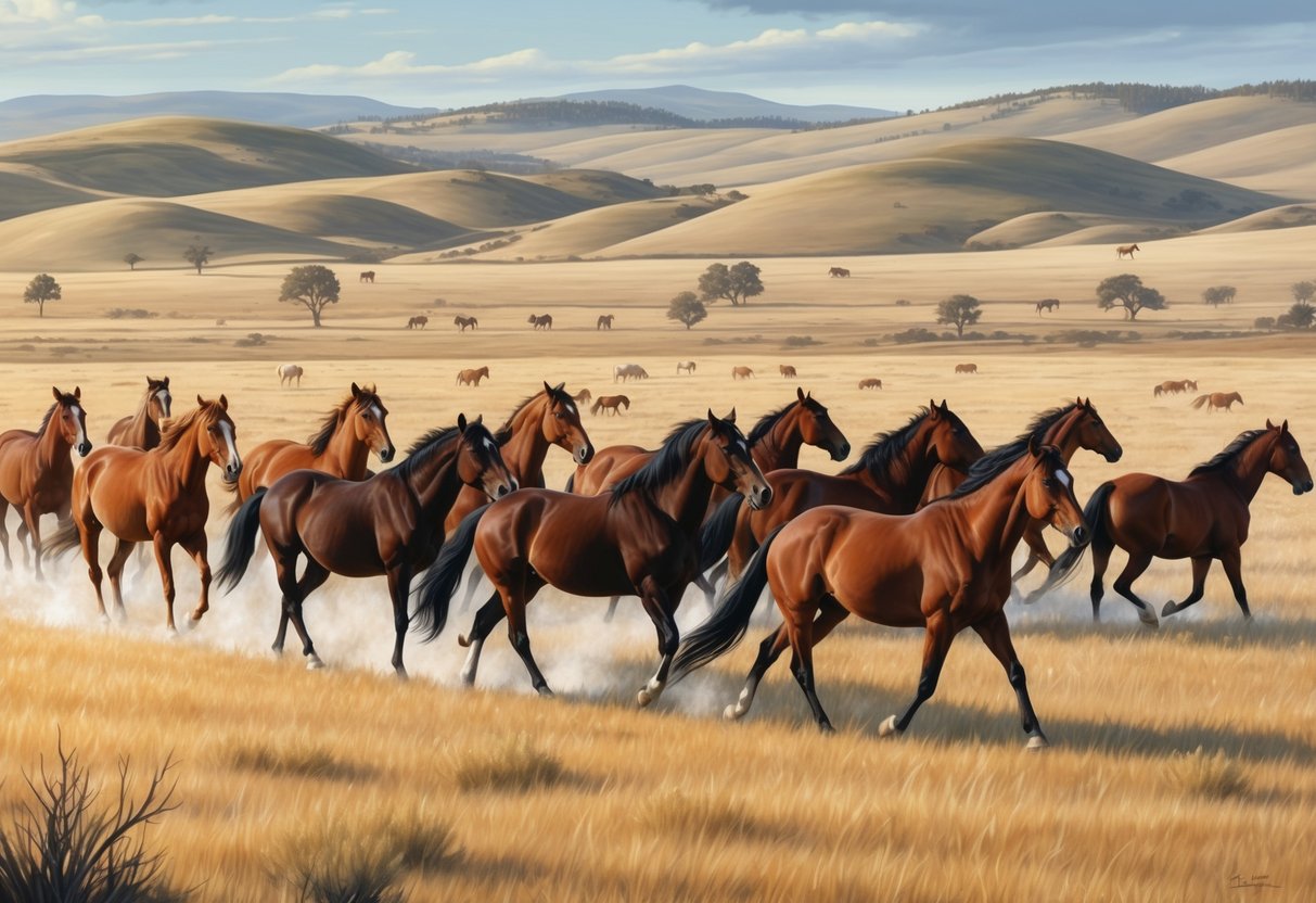 A herd of wild horses roam freely across vast open plains, with rolling hills and sparse trees in the distance