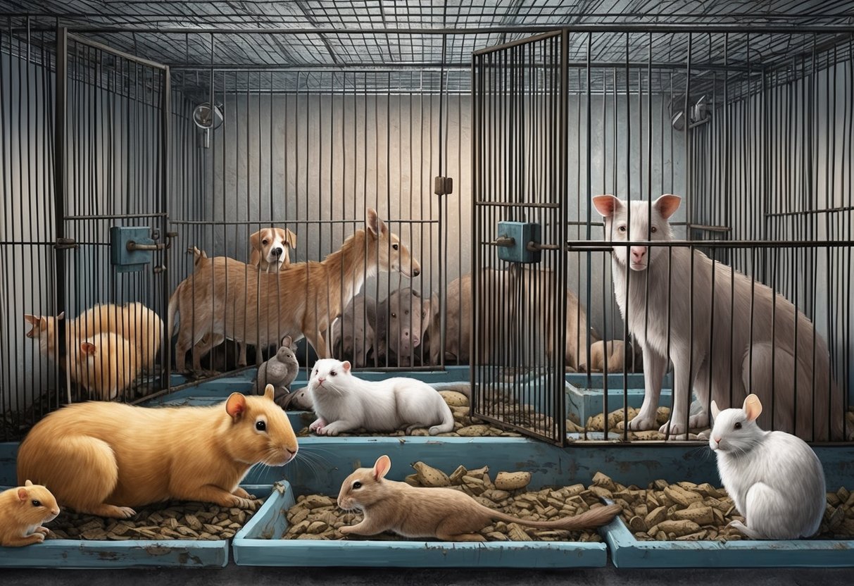 Animals confined in small, dirty cages with no enrichment or social interaction