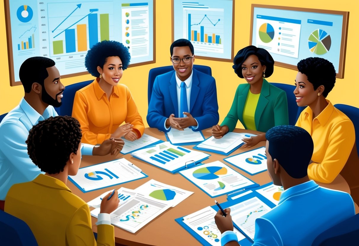 A group of diverse individuals engage in a discussion, surrounded by charts, graphs, and research papers.</p><p>They are engaged and focused, exchanging ideas and information