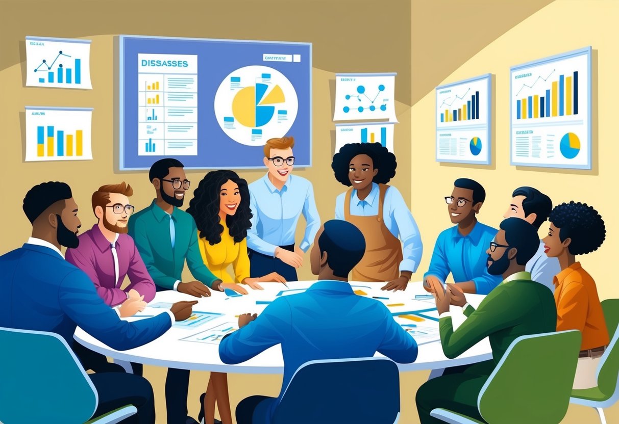 A group of diverse people gather around a table, discussing and brainstorming ideas.</p><p>Charts and graphs are displayed on the walls, and a sense of collaboration and teamwork is evident