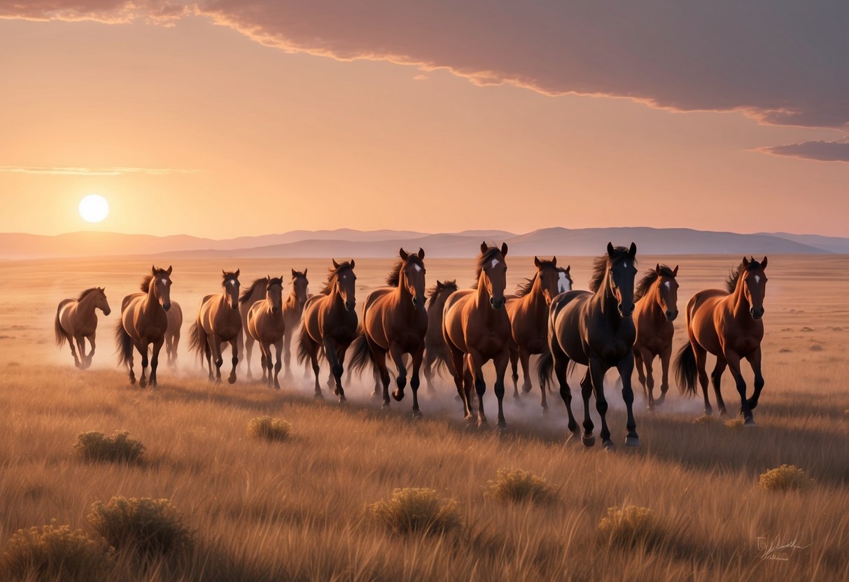 A herd of wild horses roam freely across a vast, open prairie under the warm glow of the setting sun