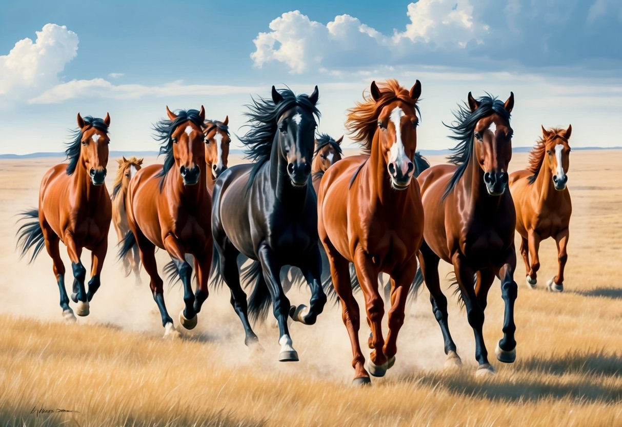 A herd of wild horses galloping freely across the open plains of America, their colorful coats and flowing manes creating a striking and untamed image