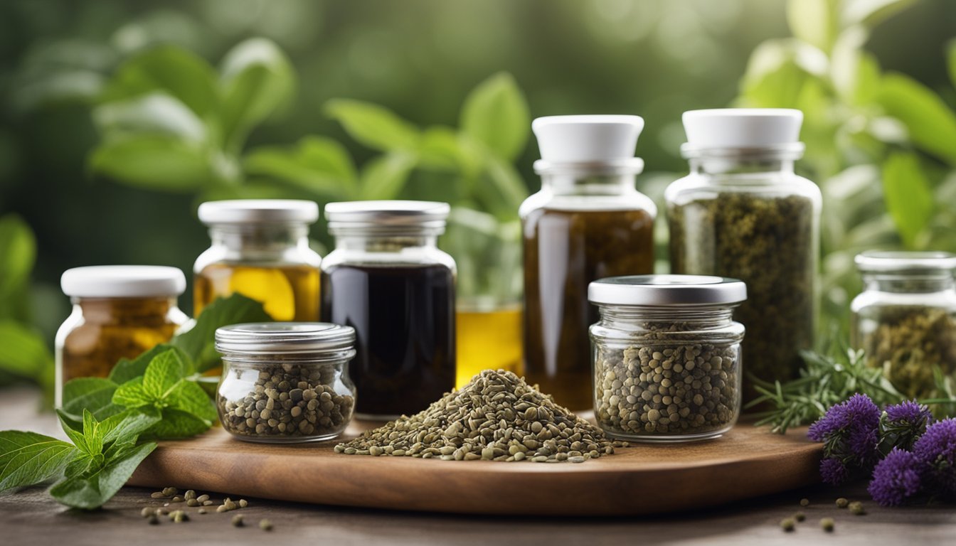 The herbal preparations are neatly arranged, with jars of dried herbs, tinctures, and salves. A mortar and pestle are in the background