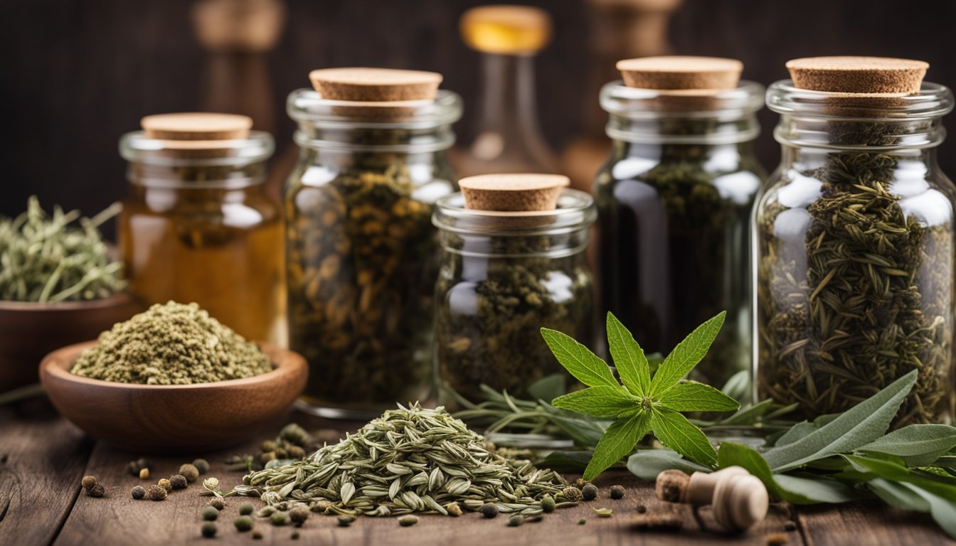 Jars of dried herbs, tinctures, and salves, neatly arranged with a mortar and pestle in the background