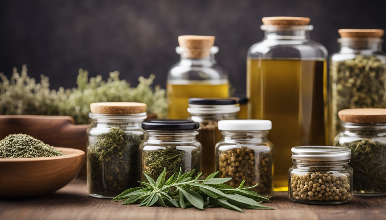 Jars of dried herbs, tinctures, and salves, neatly arranged with a mortar and pestle in the background