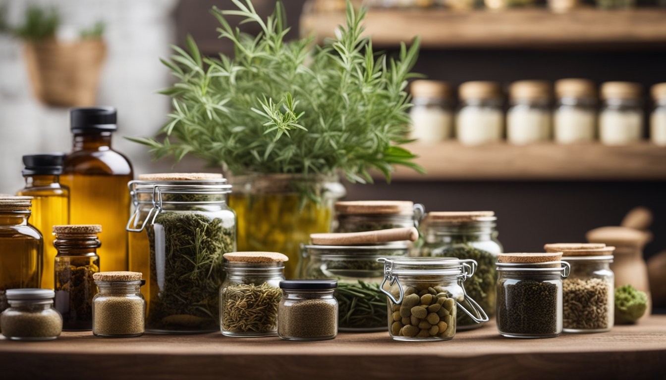 Jars of dried herbs, tinctures, and salves, neatly arranged with a mortar and pestle in the background