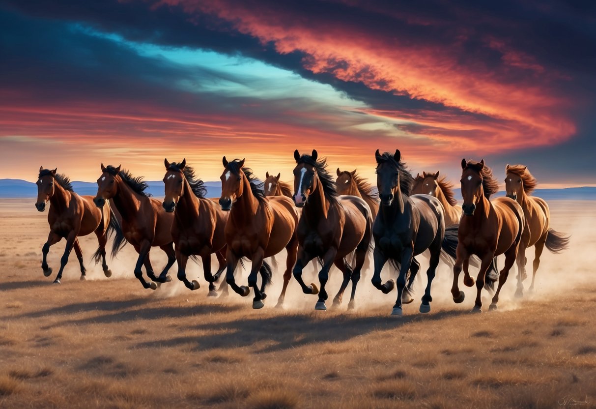 A herd of wild horses galloping across a vast, open plain under a dramatic, colorful sunset sky