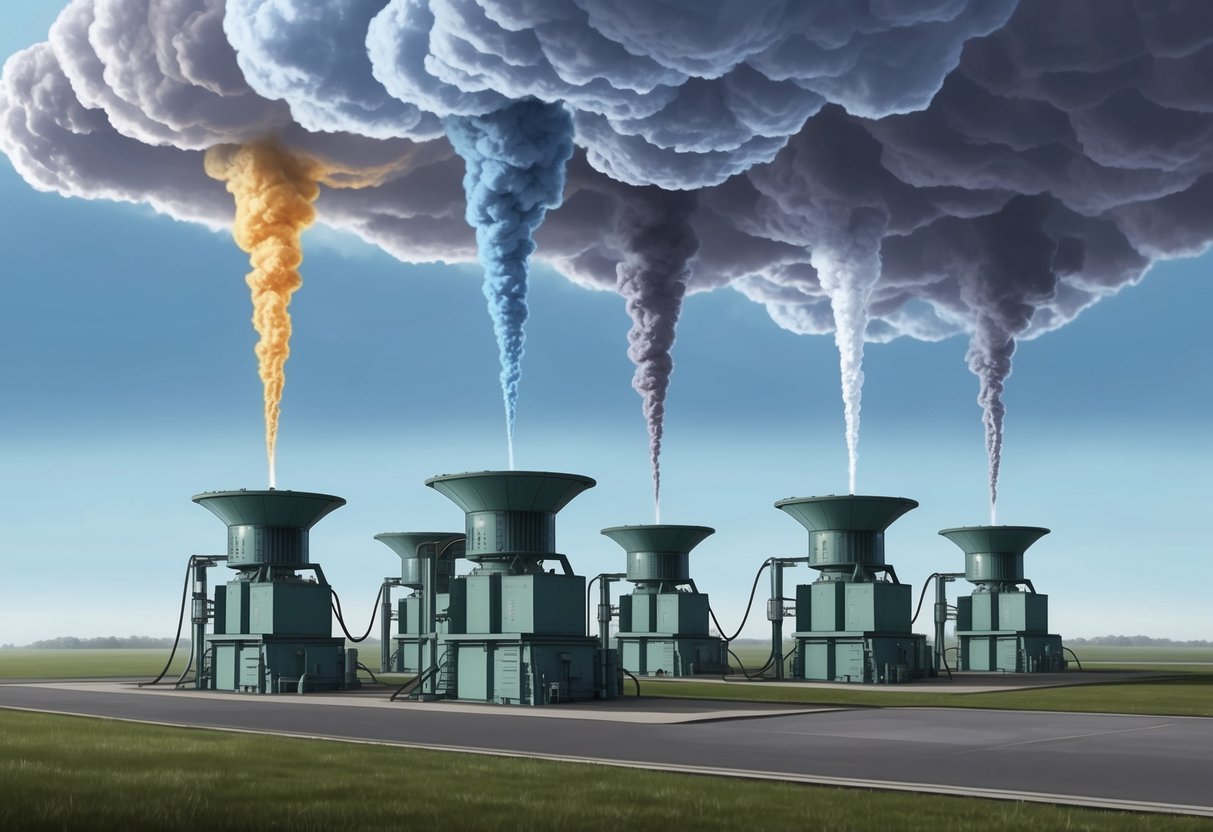 A government facility releases chemicals into the atmosphere from a network of large machines, altering the clouds and affecting the weather