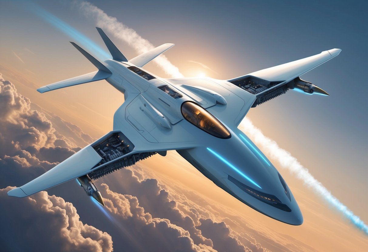 A futuristic aircraft soaring through the clouds, with sleek lines and advanced propulsion systems