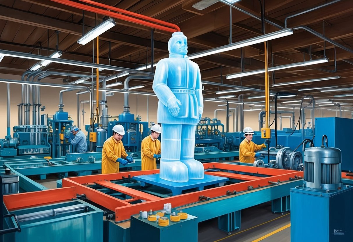 A factory floor with machinery and workers assembling parts to create the iconic iceman figure