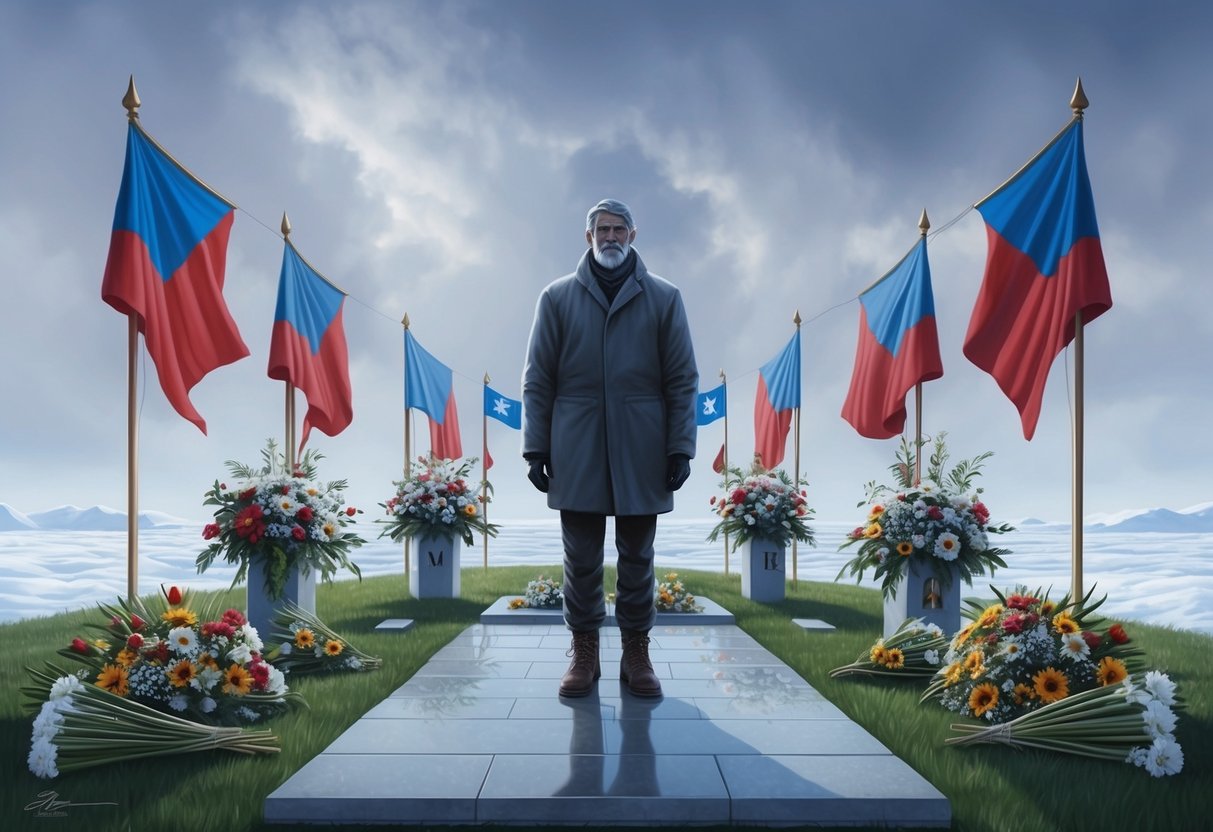 A solitary figure stands before a memorial, surrounded by flags and flowers, paying tribute to the fallen "Iceman."