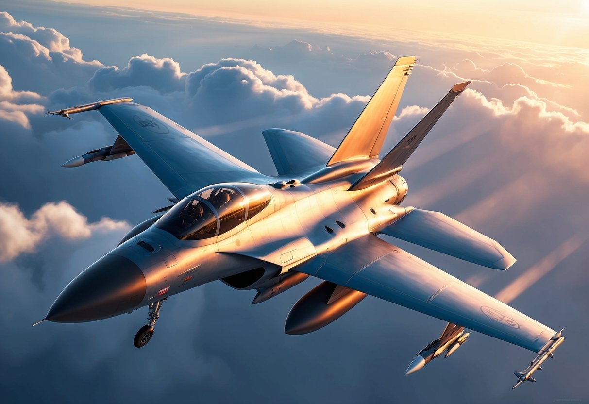 A fighter jet soaring through a cloud-filled sky, with the sun casting a warm glow on the sleek, metallic surface