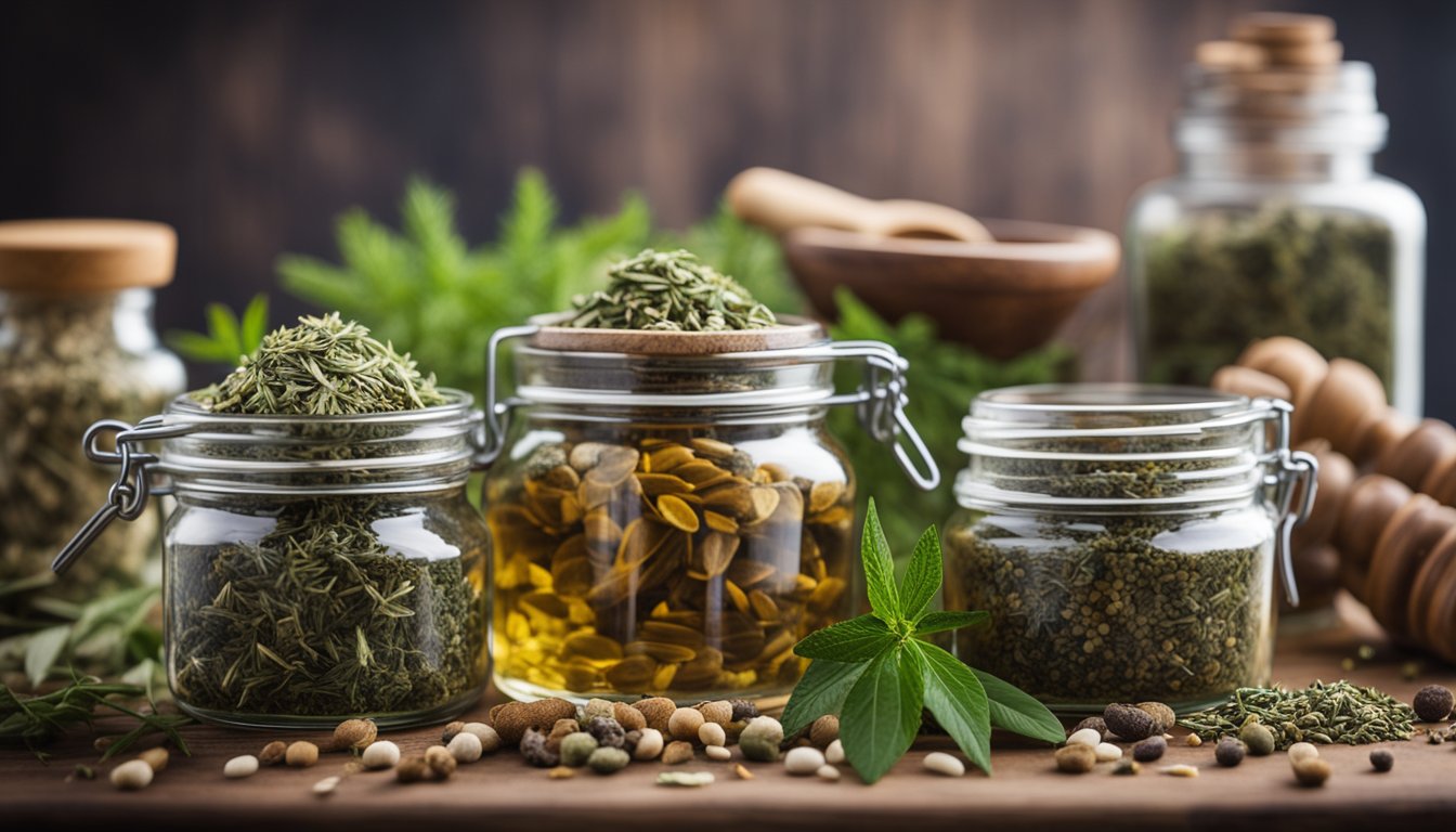 Jars of dried herbs, tinctures, and salves arranged neatly with a mortar and pestle in the background