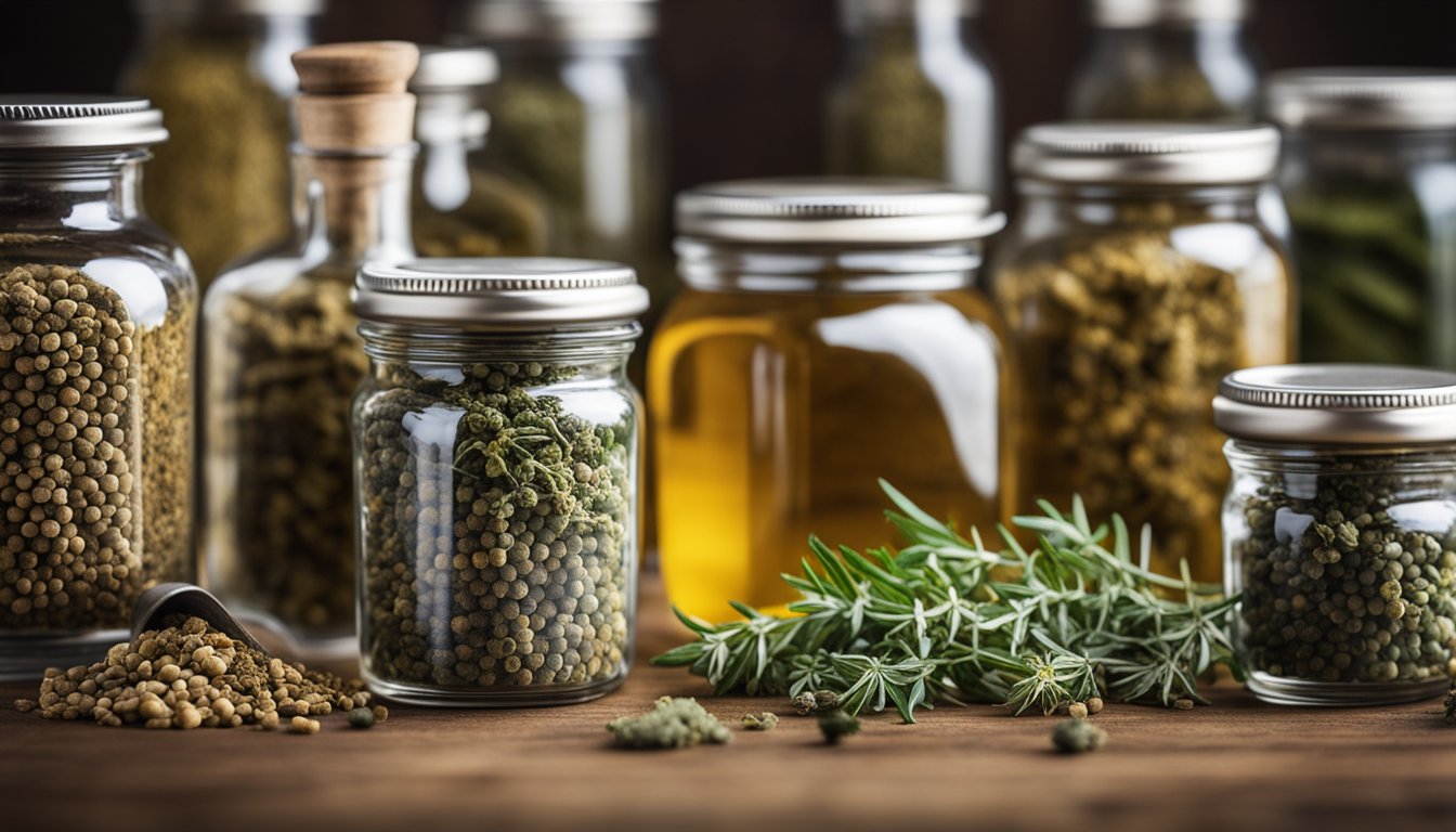 Jars of dried herbs, tinctures, and salves, neatly arranged with a mortar and pestle in the background