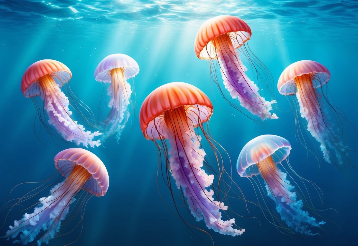 A group of jellyfish gracefully gliding through the crystal-clear waters of the ocean