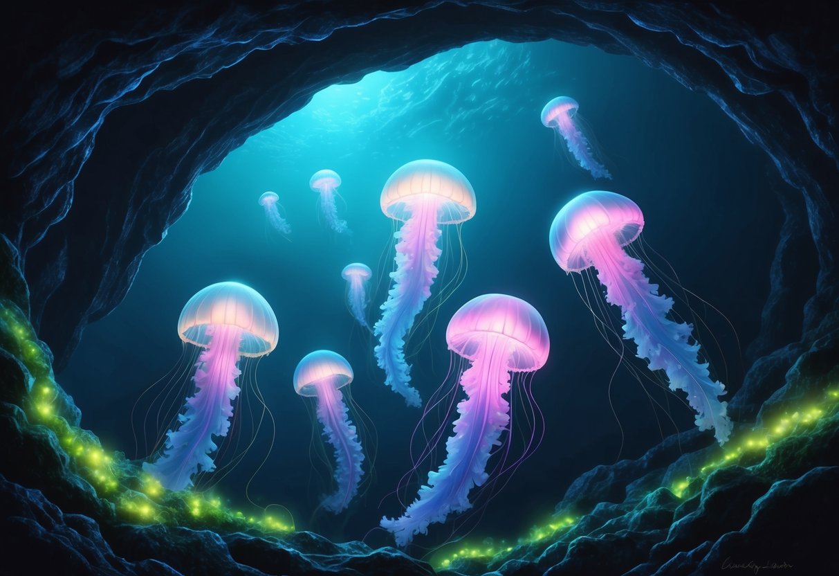 A group of glowing jellyfish drift through a dark, underwater cave, their translucent bodies illuminated by the bioluminescent algae around them