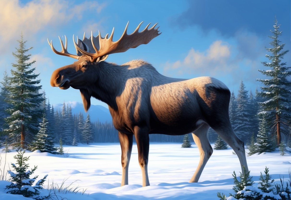 A majestic white moose stands in a snowy forest clearing, its large antlers reaching towards the sky