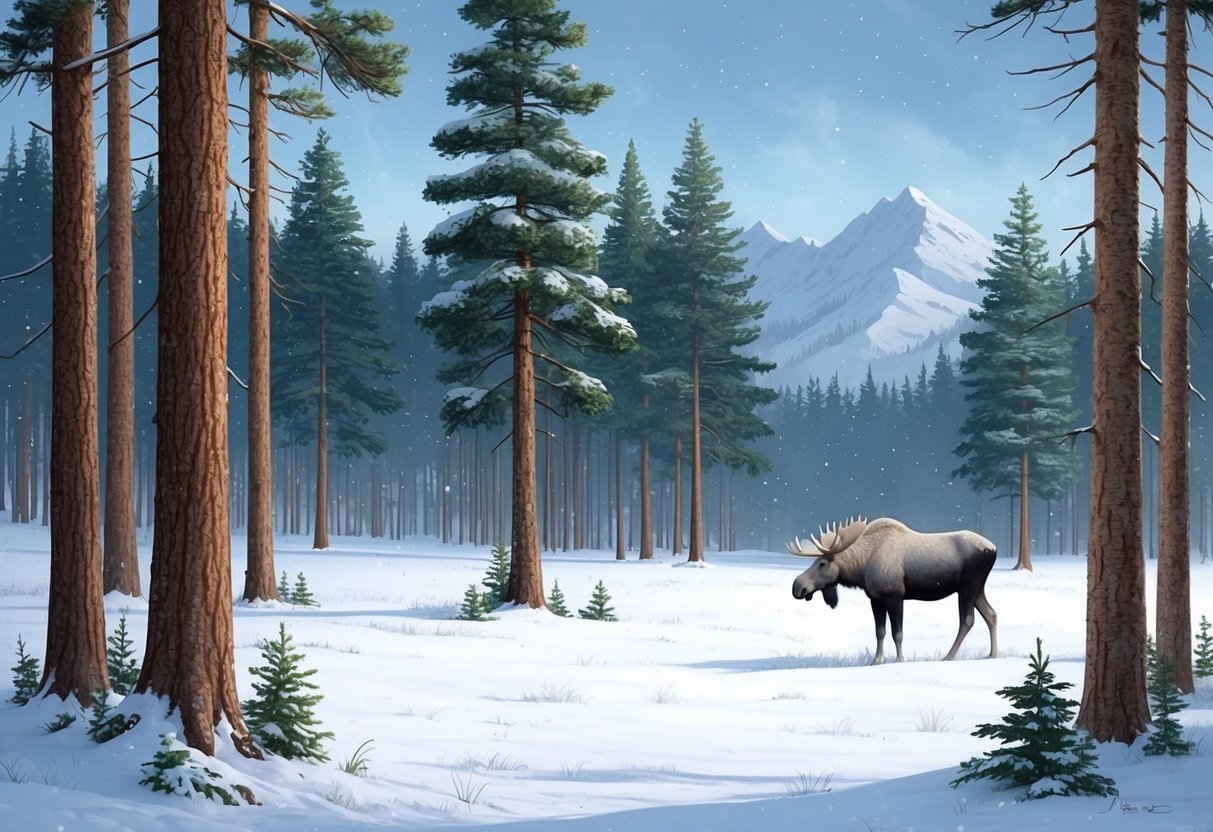 A snowy forest clearing with a solitary white moose grazing peacefully, surrounded by tall pine trees and a light dusting of snow