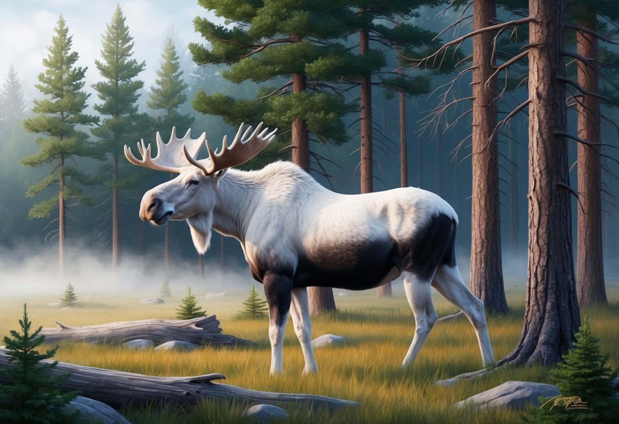 A white moose stands in a forest clearing, surrounded by tall pine trees and a serene, misty atmosphere