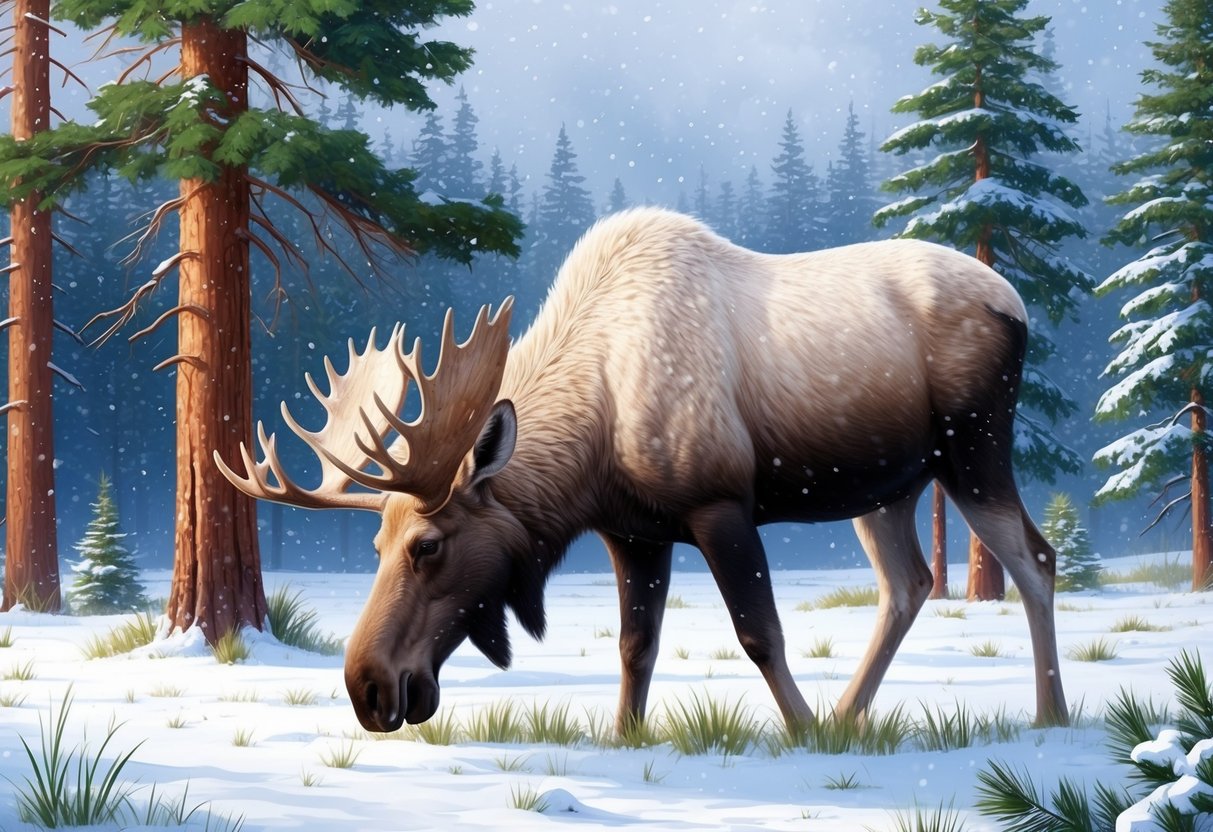 A majestic white moose grazing in a snowy forest clearing, surrounded by tall pine trees and a gentle snowfall