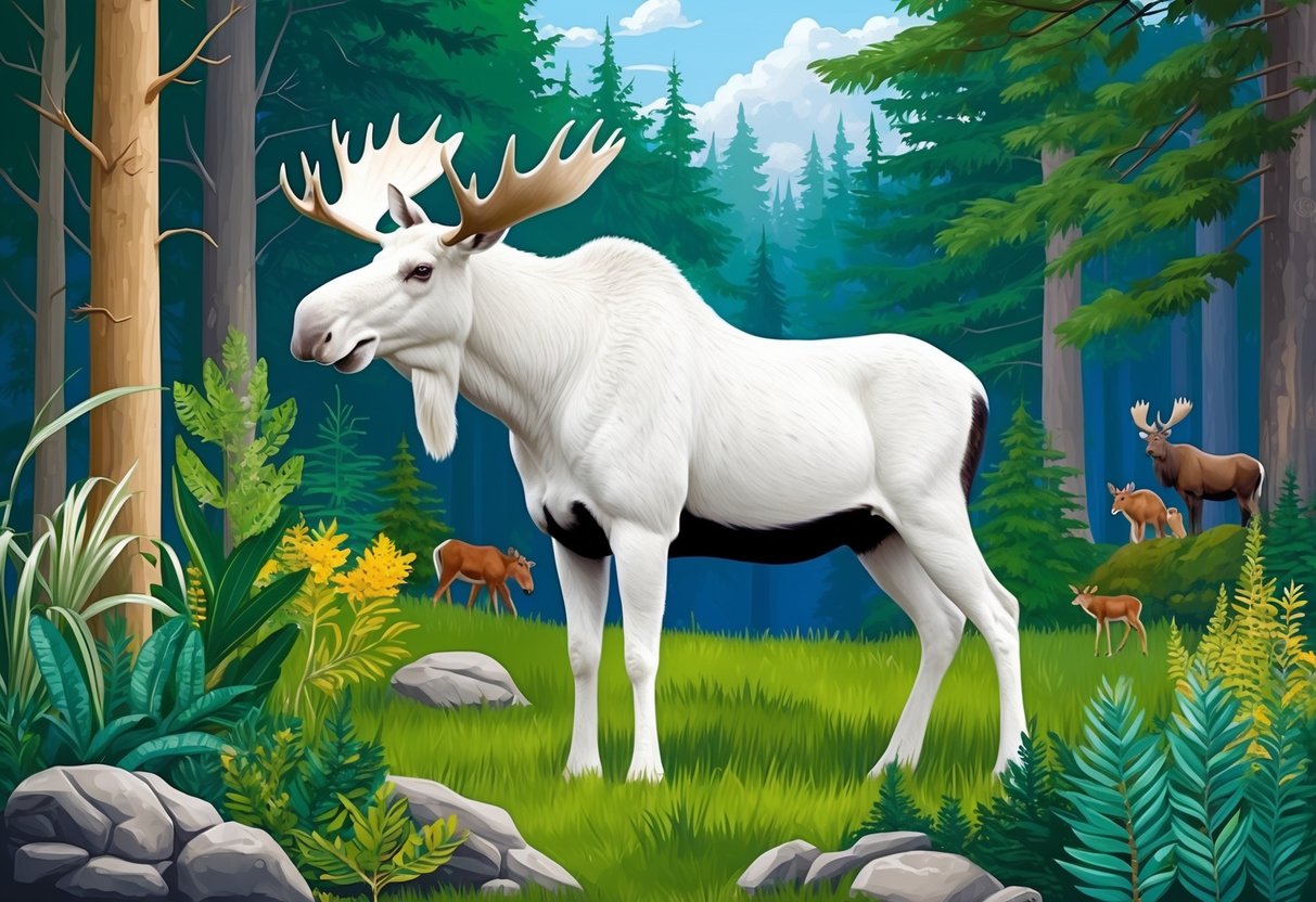 A white moose stands in a lush forest, surrounded by diverse plant life and other wildlife.</p><p>Its presence symbolizes the ecological impact of preserving natural habitats