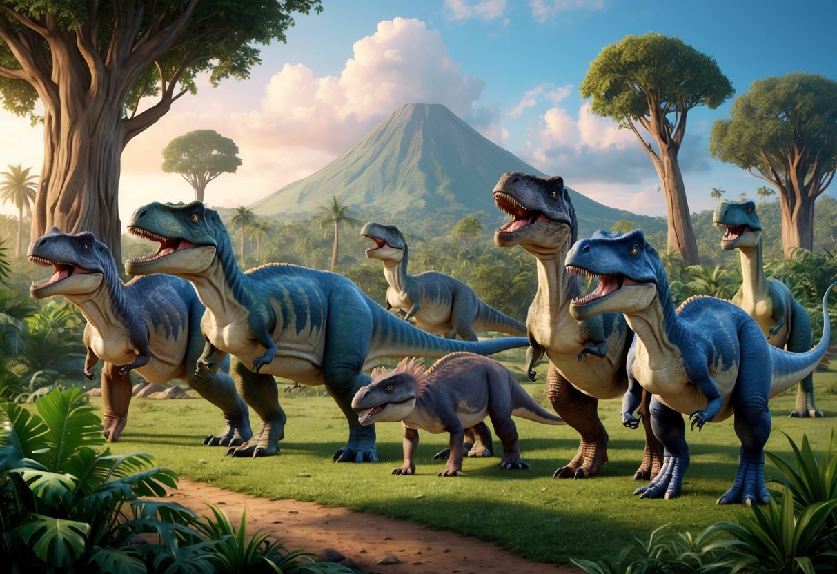 A group of dinosaurs from various periods stand in a prehistoric landscape, surrounded by lush vegetation and towering trees