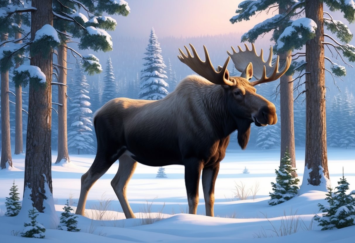 A majestic white moose standing in a snowy forest clearing, surrounded by tall, snow-covered trees and a serene atmosphere