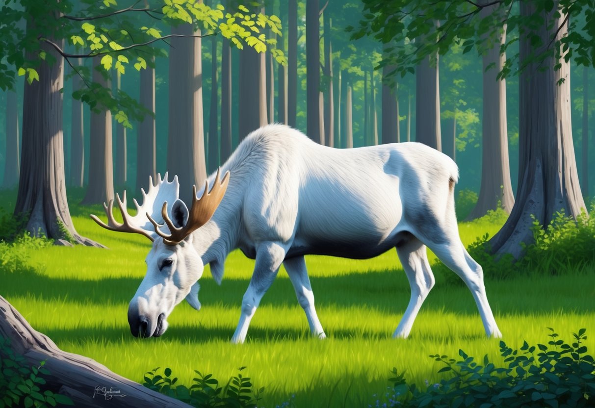 A white moose grazing in a lush, green forest clearing, surrounded by tall trees and dappled sunlight filtering through the leaves