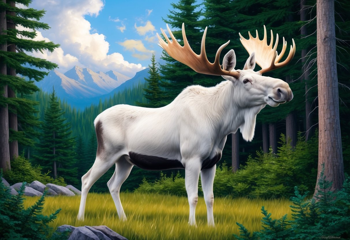 A majestic white moose stands in a lush forest, its large antlers reaching towards the sky as it gazes out with a sense of mystery and wonder