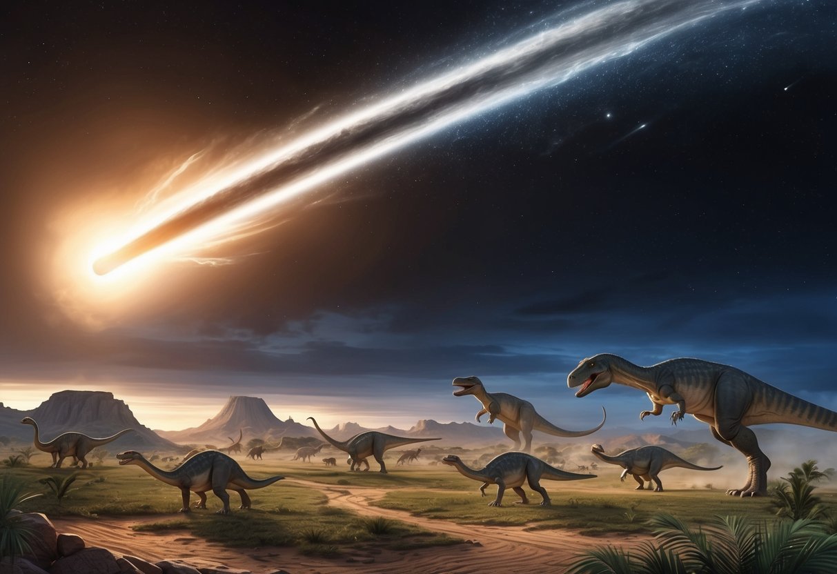 A meteor streaks across the sky, casting an ominous glow over a prehistoric landscape.</p><p>Dinosaurs flee in panic as the ground trembles and the world is consumed by chaos