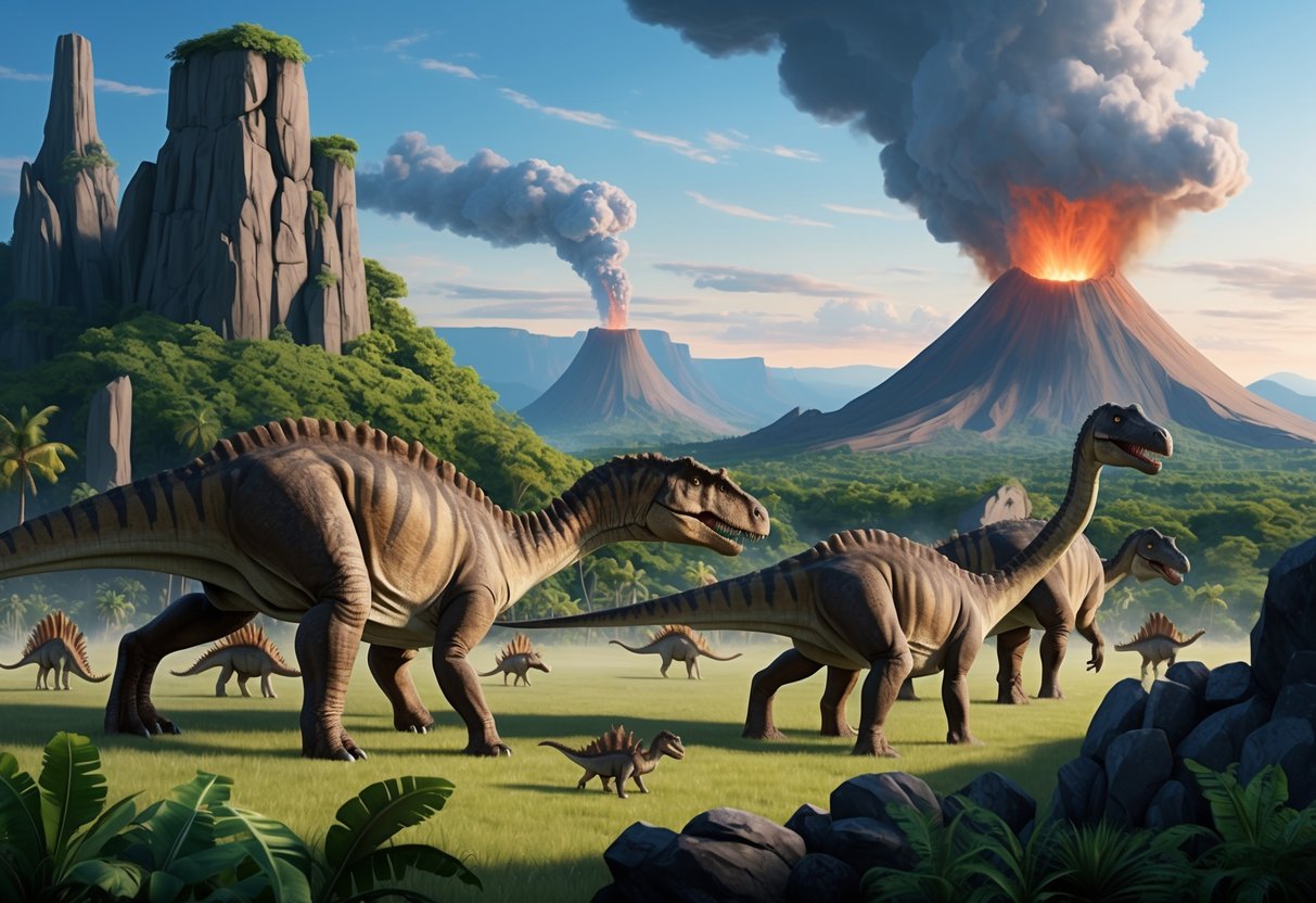 Dinosaurs roam among towering rock formations, as volcanoes erupt in the distance and lush greenery covers the landscape