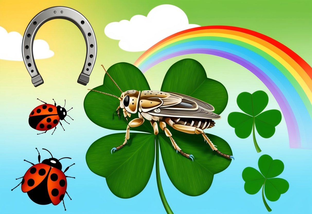 A cricket sits atop a four-leaf clover, surrounded by symbols of good luck: a horseshoe, a ladybug, and a rainbow