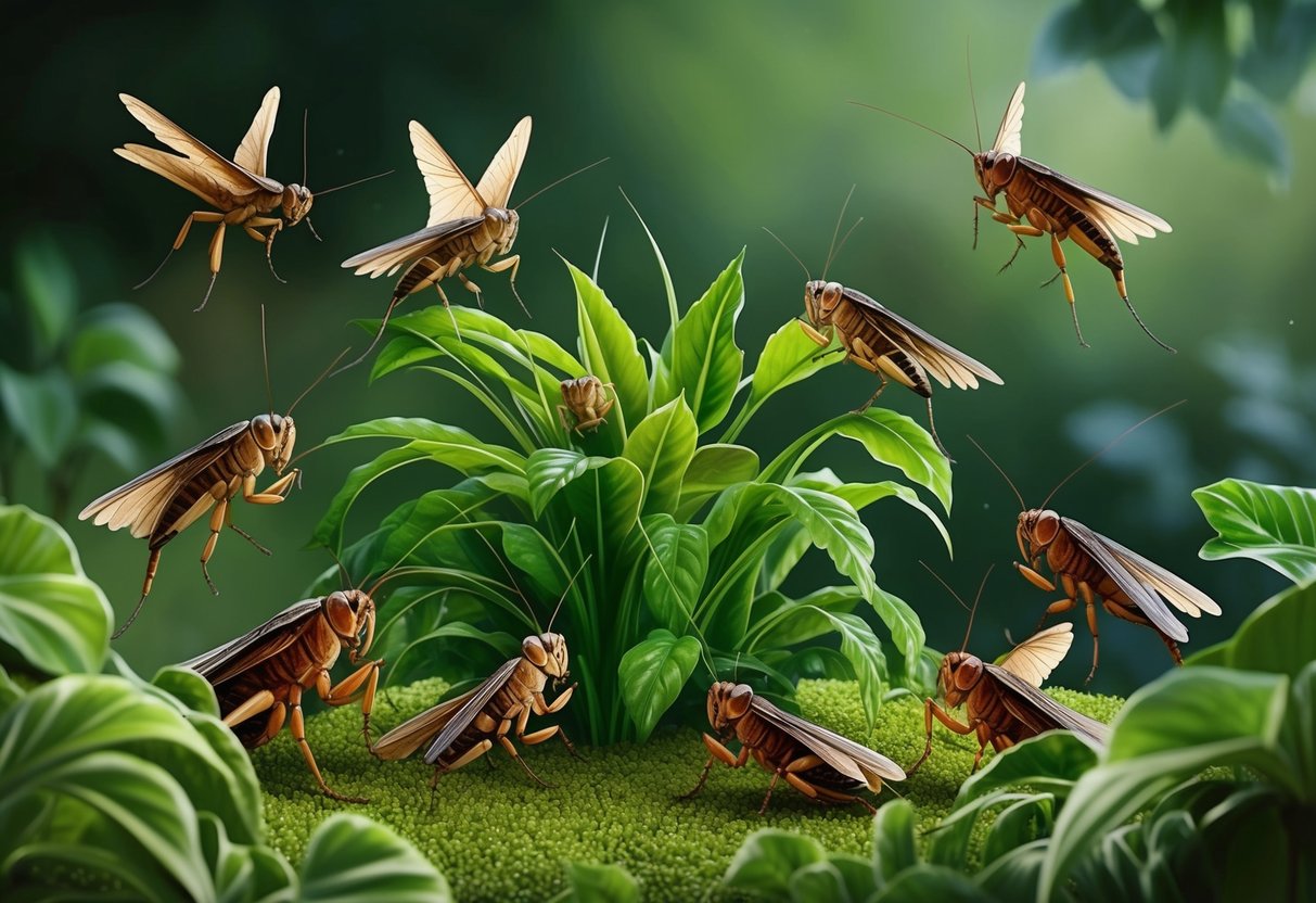 A group of crickets surround a lush, green plant, their chirping filling the air with a sense of calm and harmony