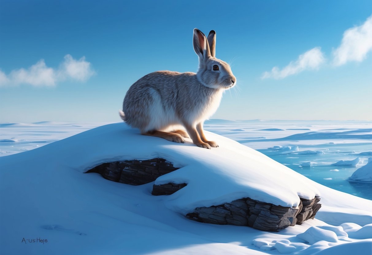 An arctic hare perched on a snowy hill, surrounded by icy tundra and a clear blue sky