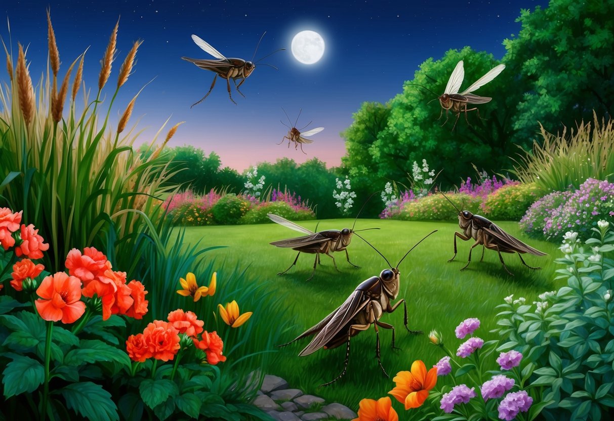 Crickets chirping in a lush garden, surrounded by blooming flowers and tall grass, under a clear night sky