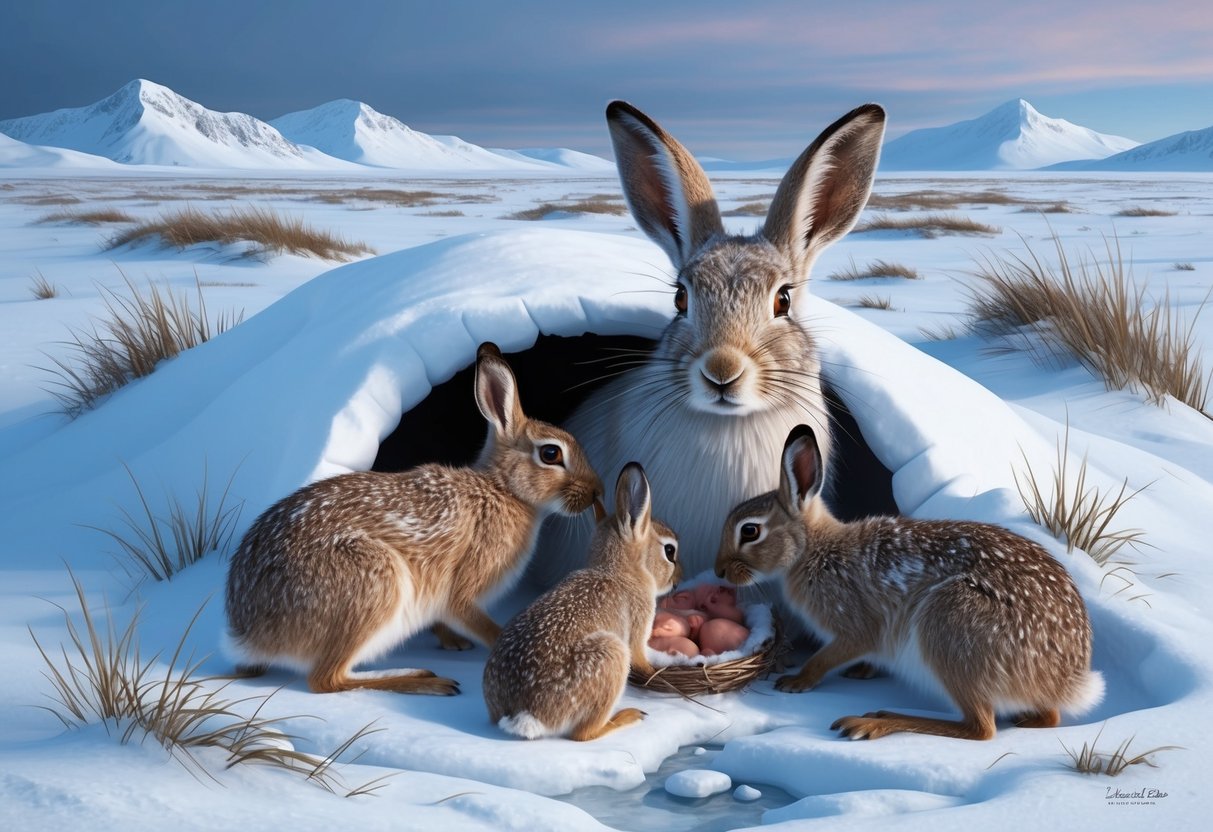 An arctic hare gives birth in a snowy burrow, surrounded by her young in a tundra landscape